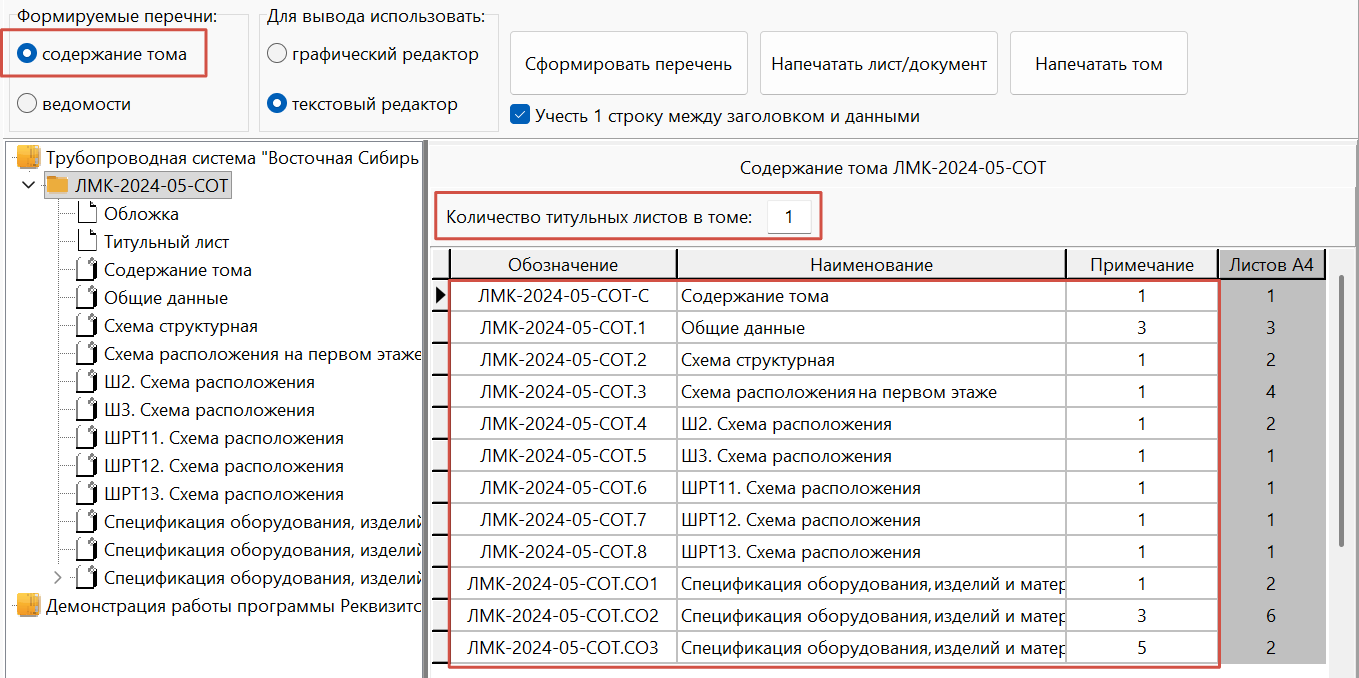 Содержание тома, оформленного документами