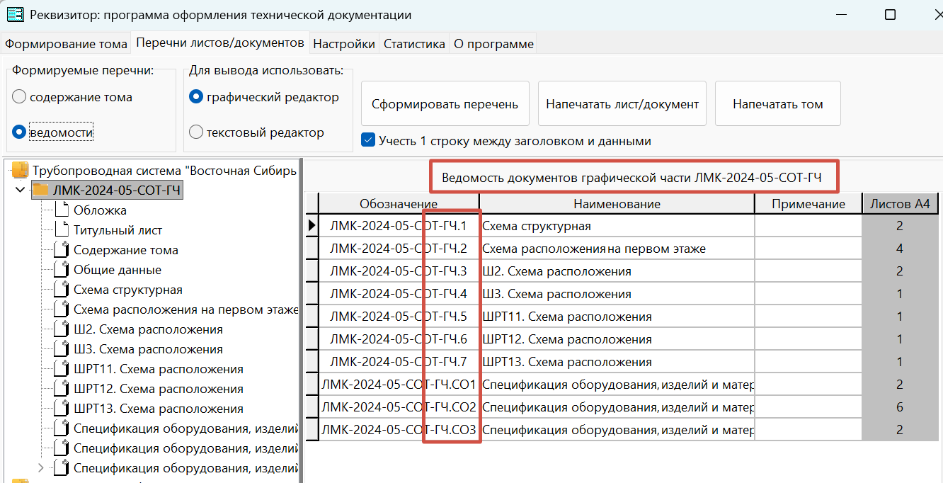 Ведомость документов графической части